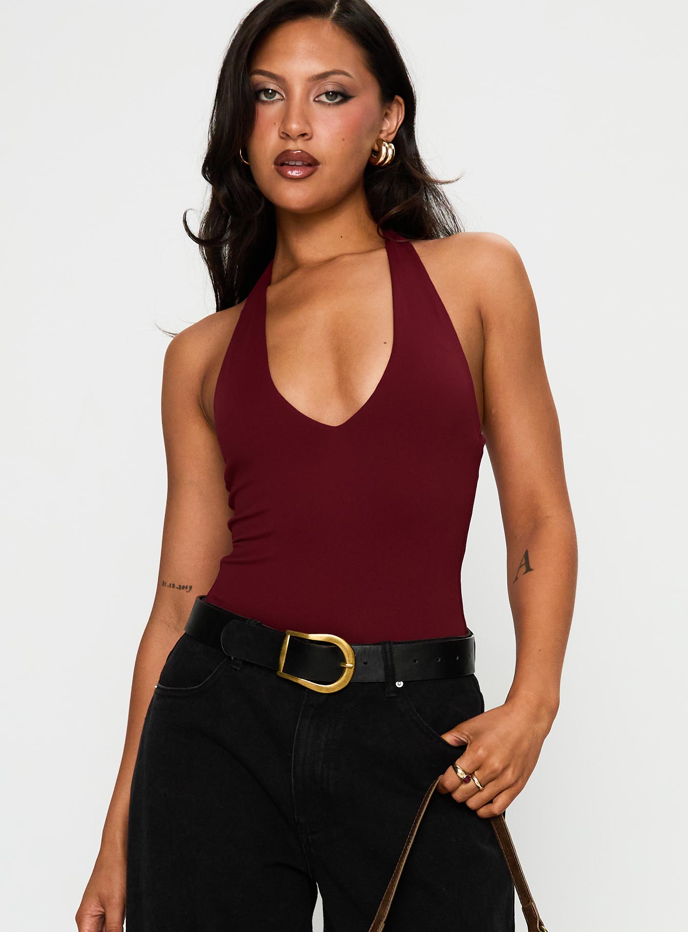 Someone New Halter Bodysuit Burgundy | Princess Polly