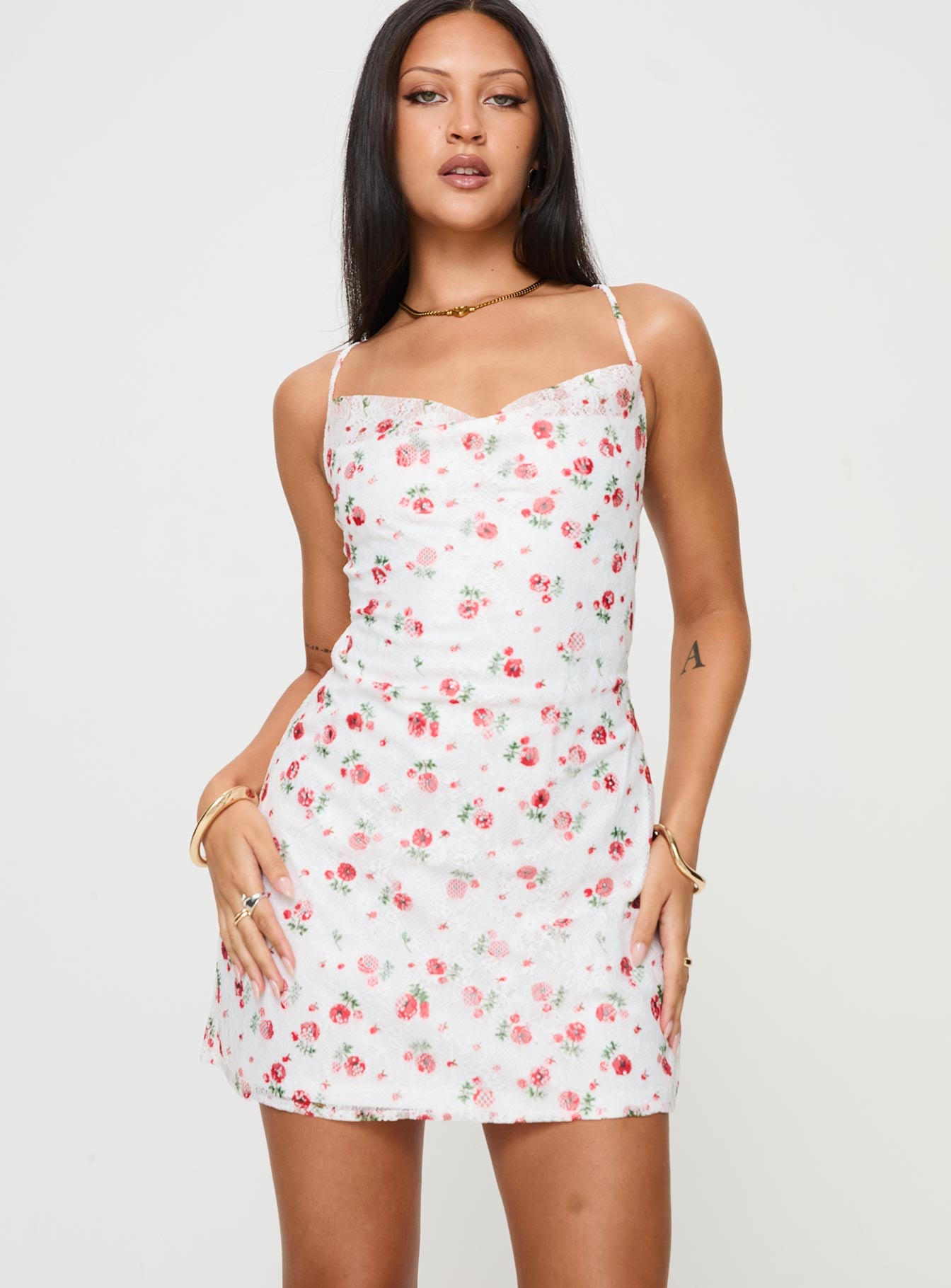 Celena lace mini dress white / red floral