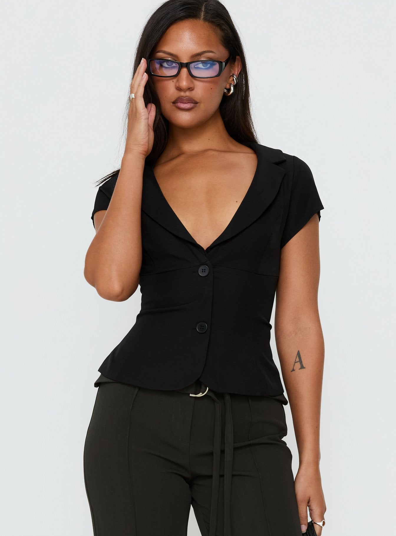 Alexandrea Plunge Button Up Top Black | Princess Polly