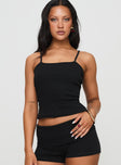 front view of model wearing Princess Polly Baseline Rib Top Black Sleeveless Square Neck 