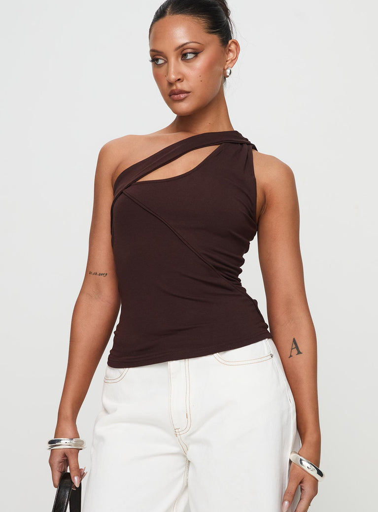 front view of model wearing Princess Polly Valoria Top Brown Sleeveless Asymmetric Neckline 