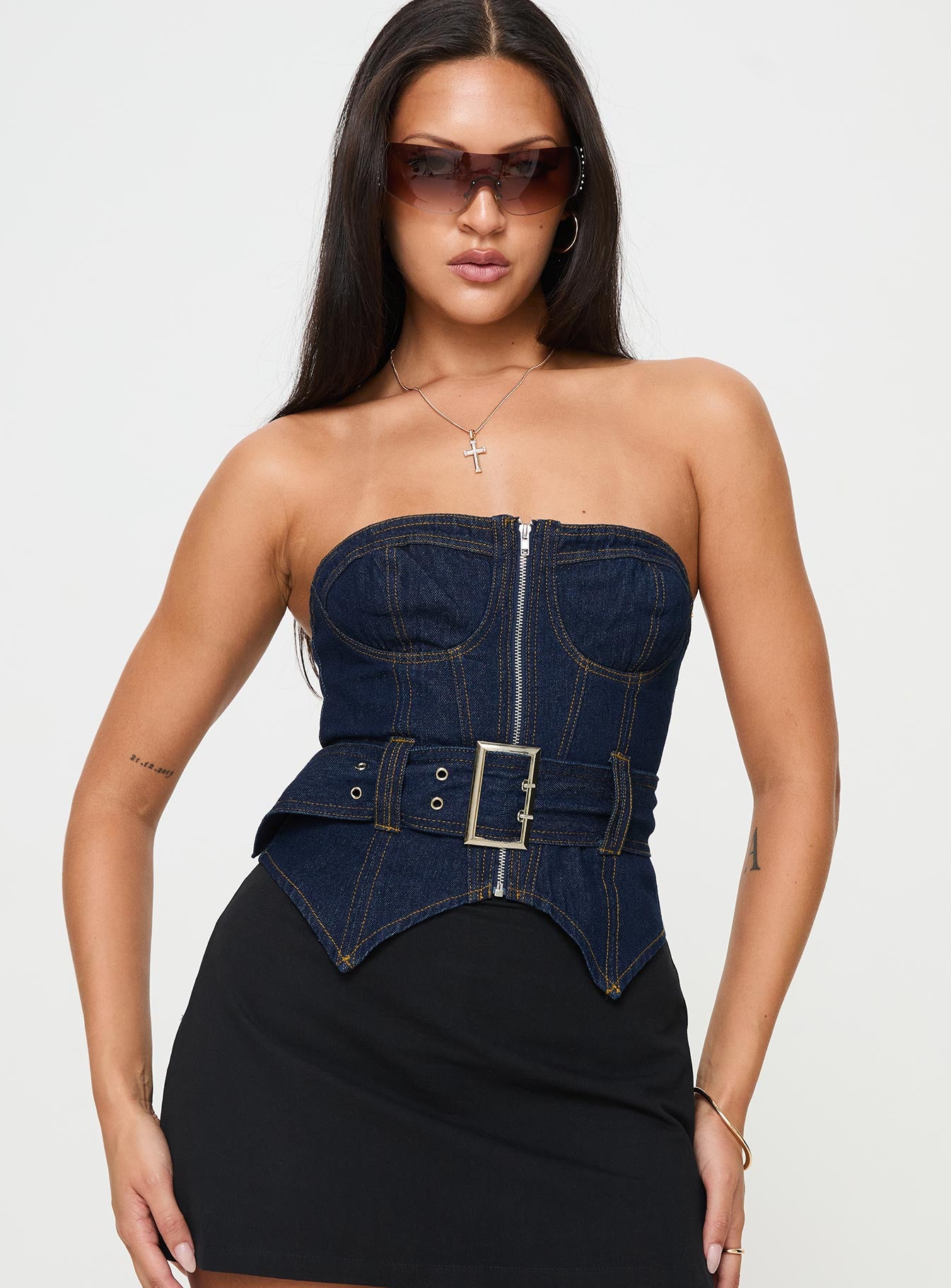 Curl curl strapless denim top dark wash