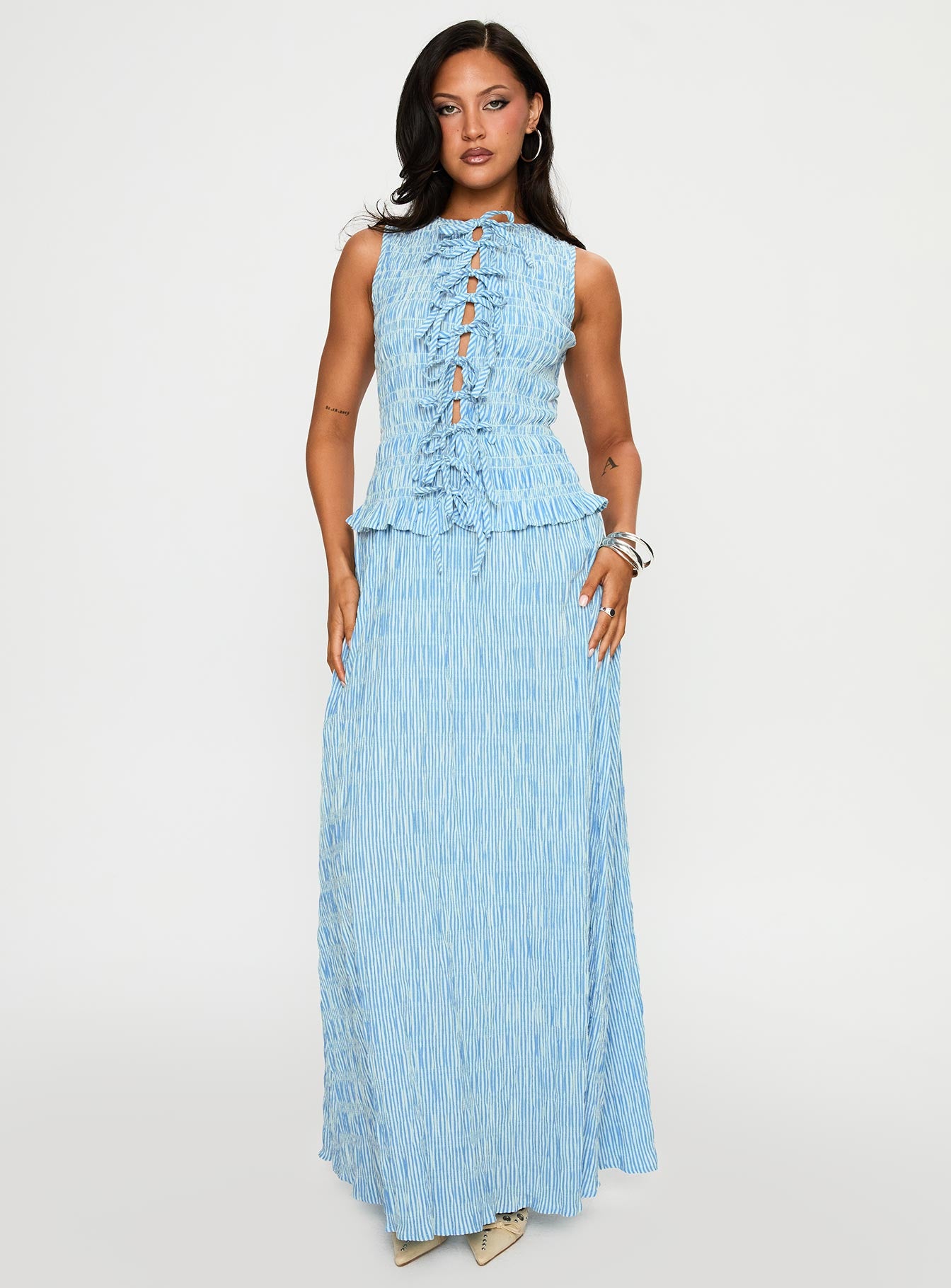 front view of model wearing Princess Polly Songbird Shirred Maxi Dress Blue Crew Neck 