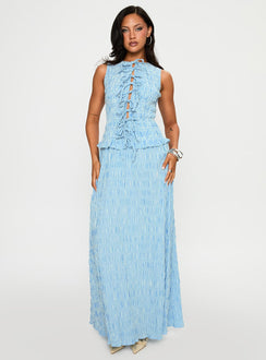 front view of model wearing Princess Polly Songbird Shirred Maxi Dress Blue Crew Neck 
