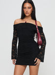 front view of model wearing Princess Polly Fable Off The Shoulder Mini Dress Black Straight Neck 