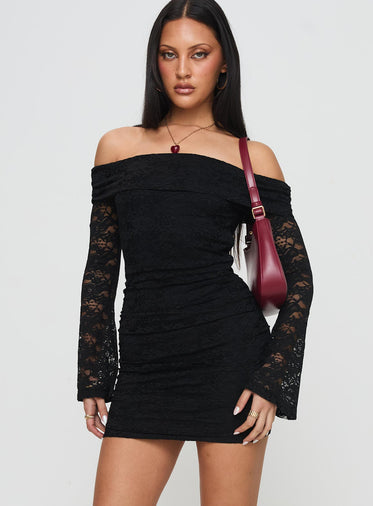 Fable Long Sleeve Off Shoulder Mini Dress Black