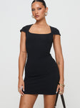 front view of model wearing Princess Polly Ravenna Mini Dress Black Scoop Neck 