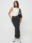 Tailored maxi skirt, high rise Belt looped waist, zip and clasp fastening, subtle pleats at waist, split at back Non-stretch material, unlined 