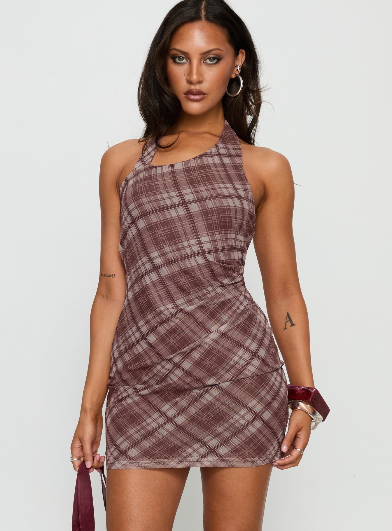 Kastles Halter Cut Out Mini Dress Brown Check | Princess Polly
