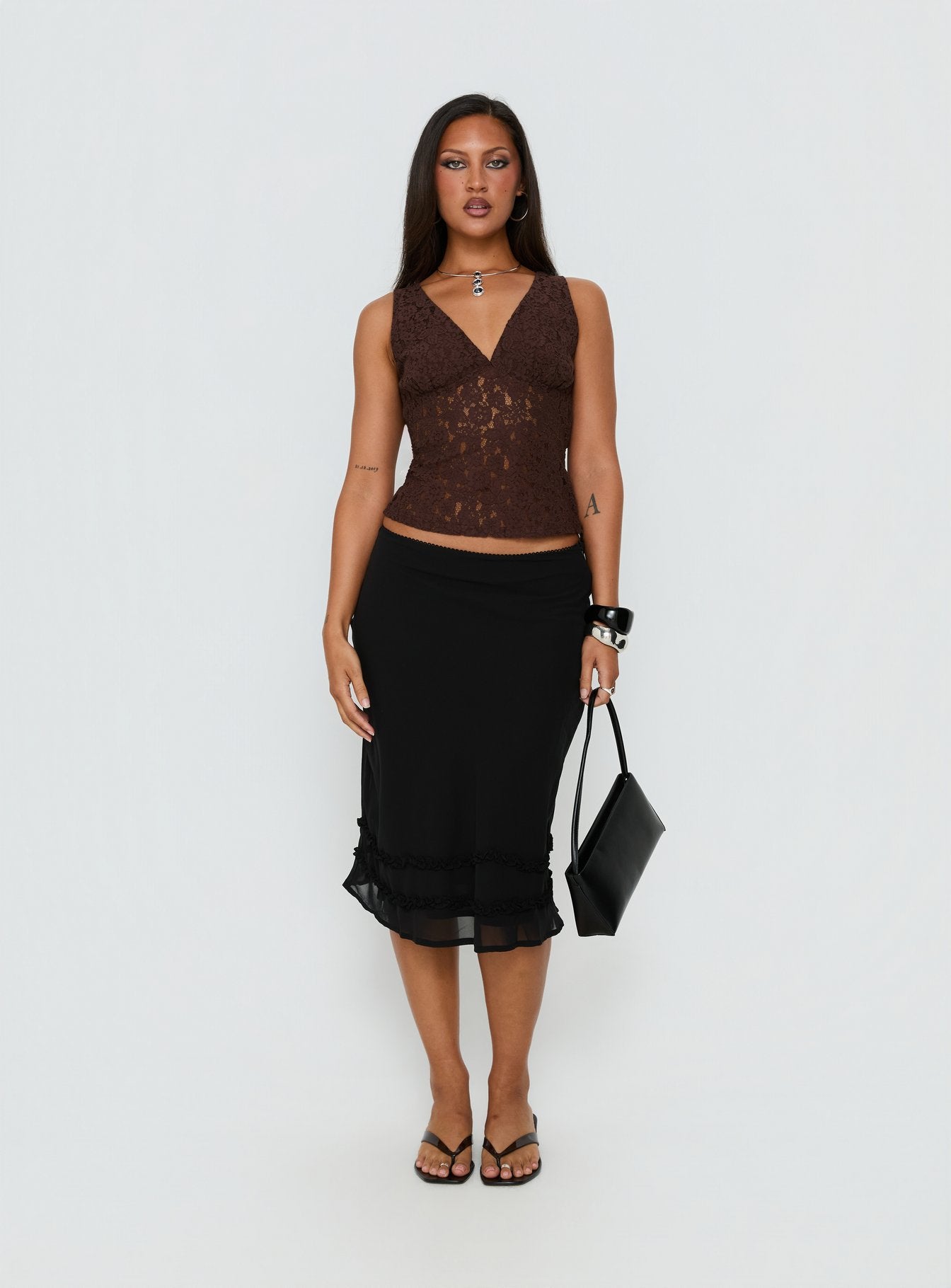 Clarabella Frill Midi Skirt Black | Princess Polly