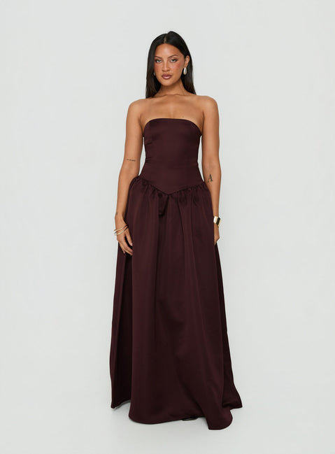 Soft Bloom Drop Waist Strapless Maxi Dress Chocolate