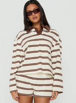 Eddi Long Sleeve Polo Top Cream / Brown Stripe