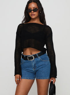 back view of model wearing Princess Polly Saldana Shorts Mid Blue Denim Petite High Waisted Shorts 