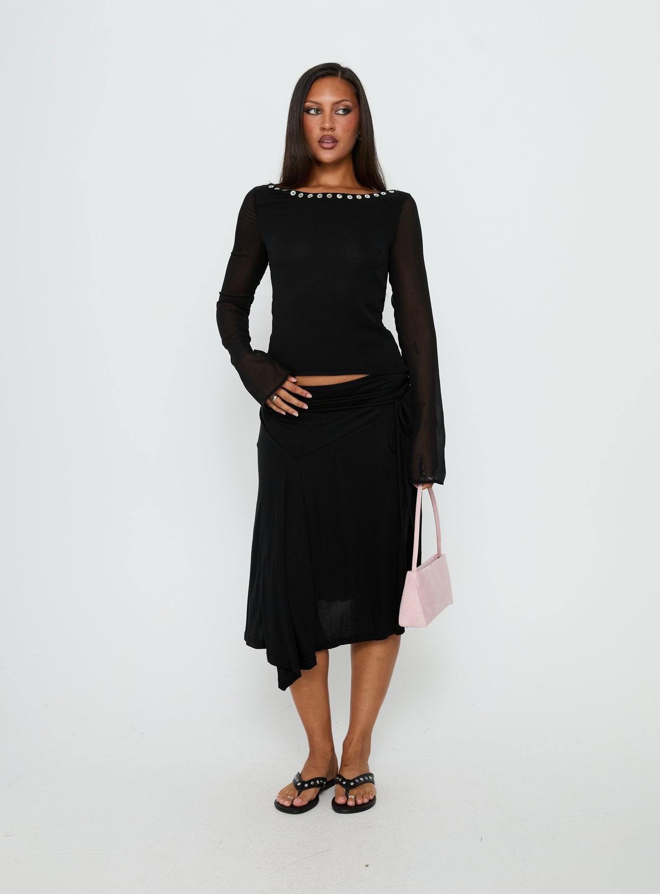 Joaney Tie Side Jersey Midi Skirt Black | Princess Polly