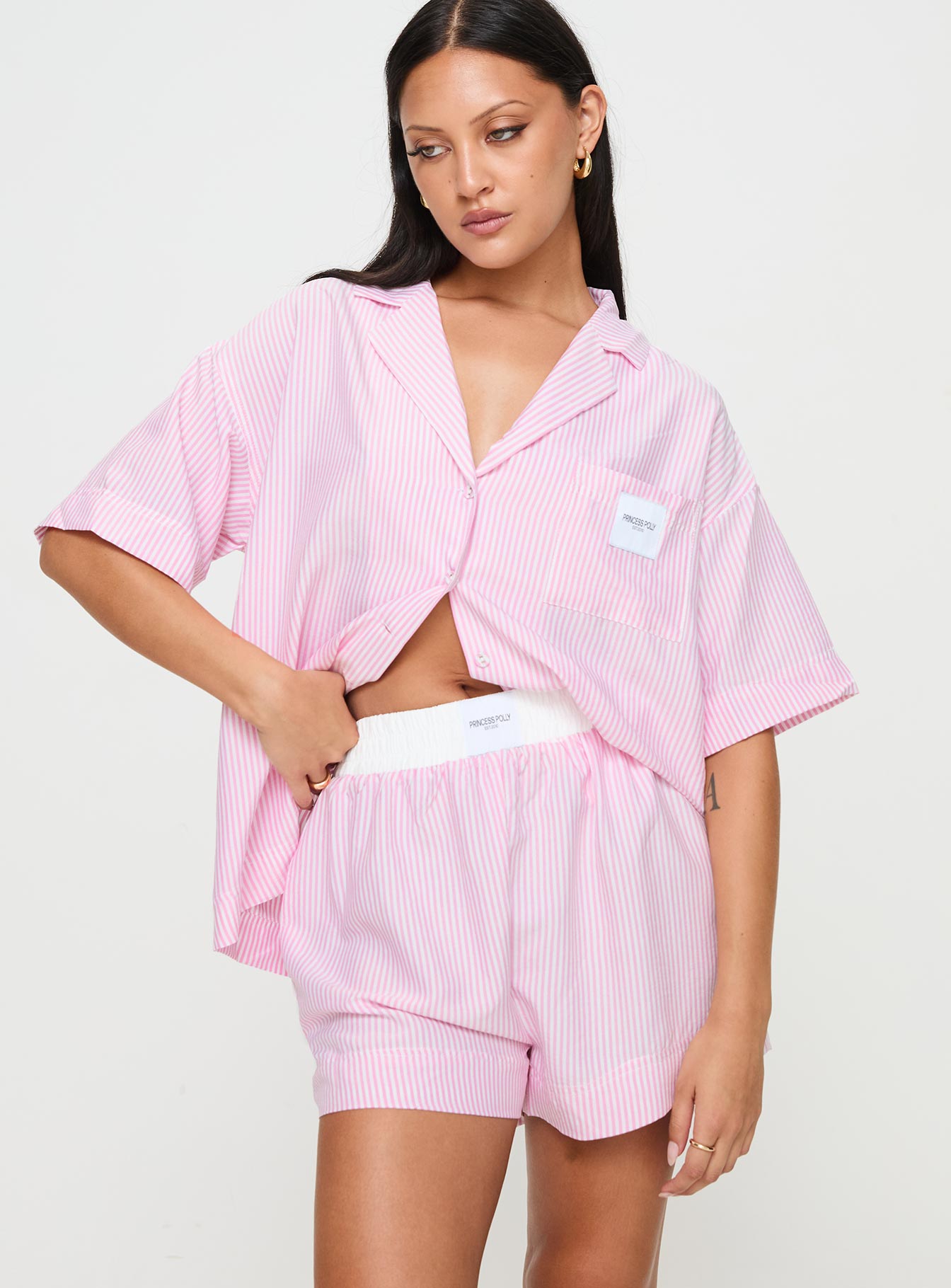 Early riser sleep shorts pink stripe