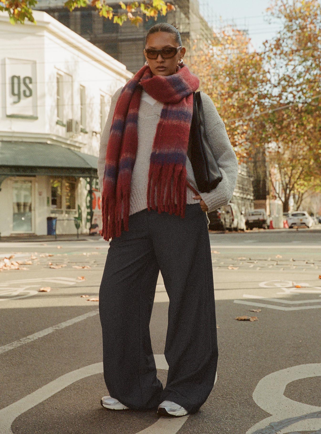 front view of model wearing Princess Polly Seraphic Pants Charcoal Stripe High Waisted Pants 