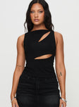 front view of model wearing Princess Polly Ablaze Cut Out Top Black Sleeveless High Neck 