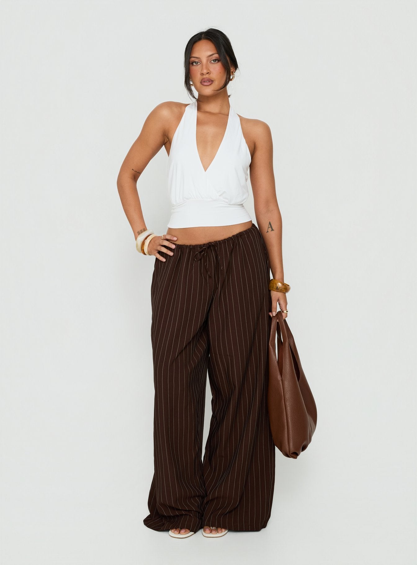 Bungala Oversized Relaxed Pants Brown Pinstripe