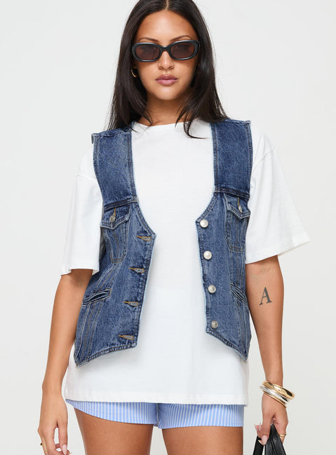 Denim vest Oversized fit, silver-toned hardware, button fastening, four pockets