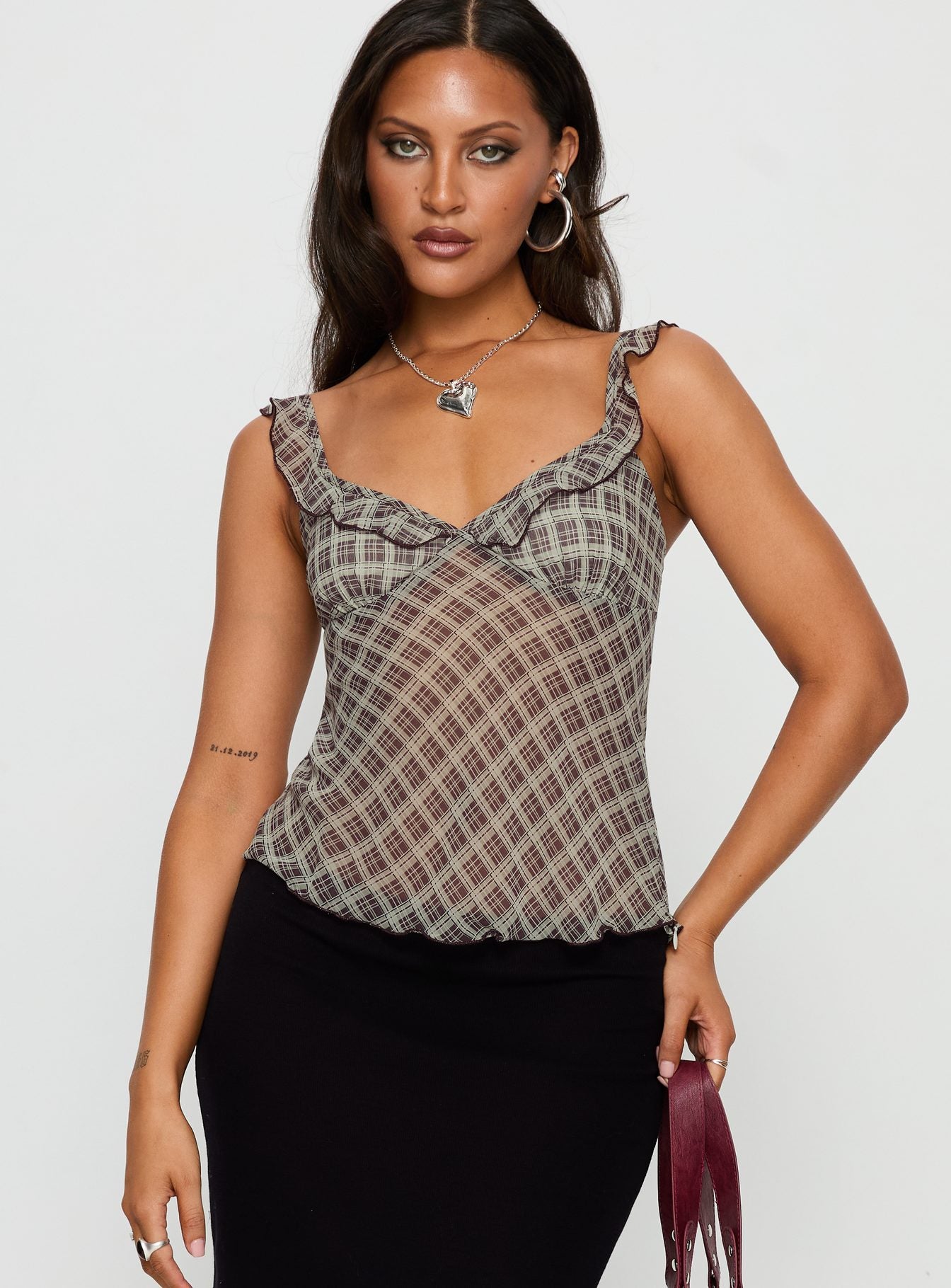Zayliah Frill Detail Top Wine Check | Princess Polly