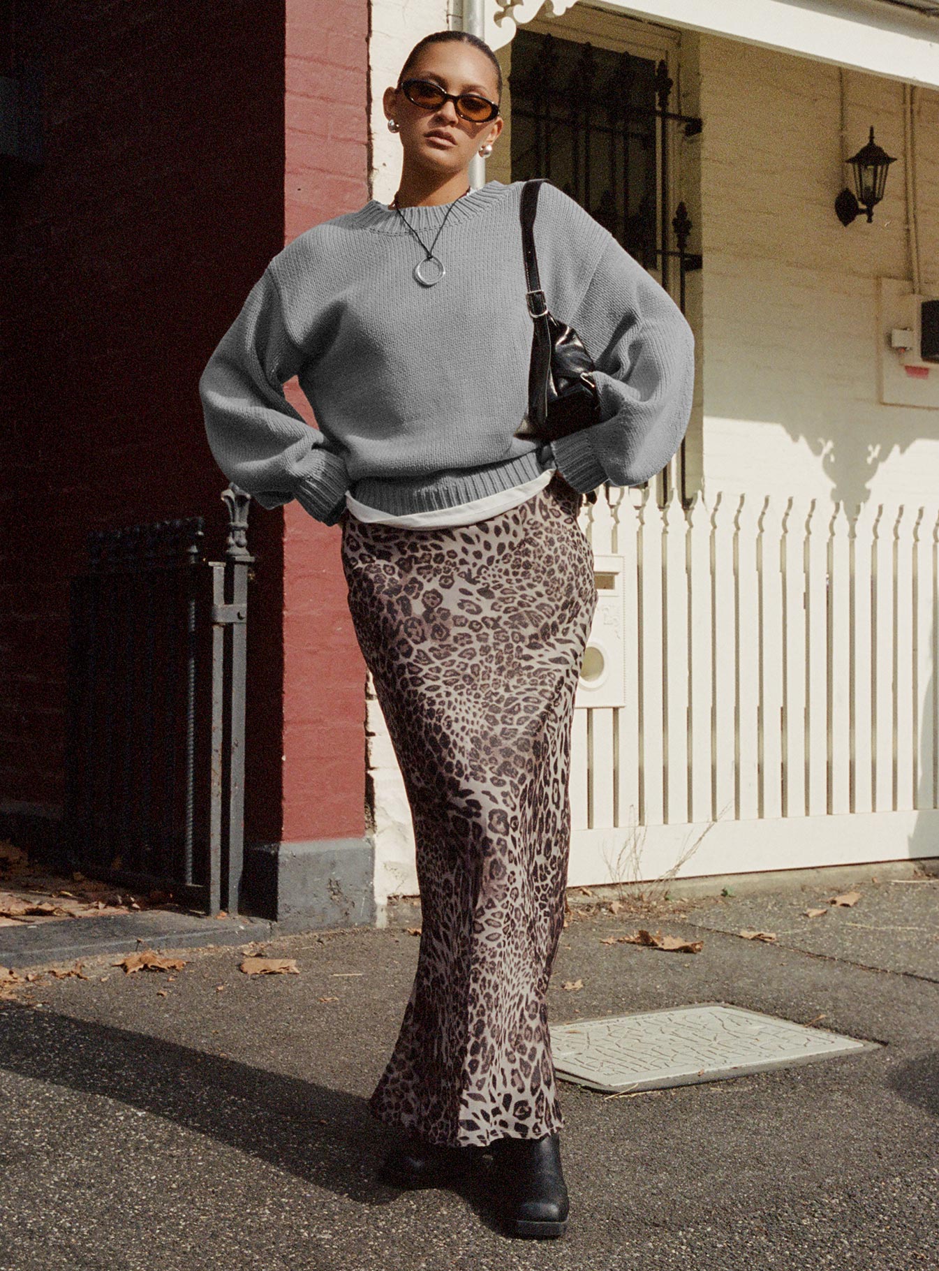   front view of model wearing Princess Polly Manda Maxi Skirt Leopard Maxi 