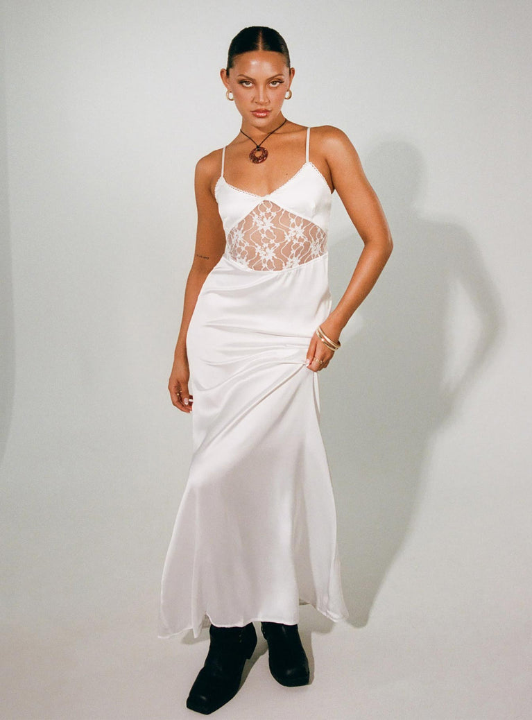 side view of model wearing Princess Polly Roselle Maxi Dress White V-Neck 