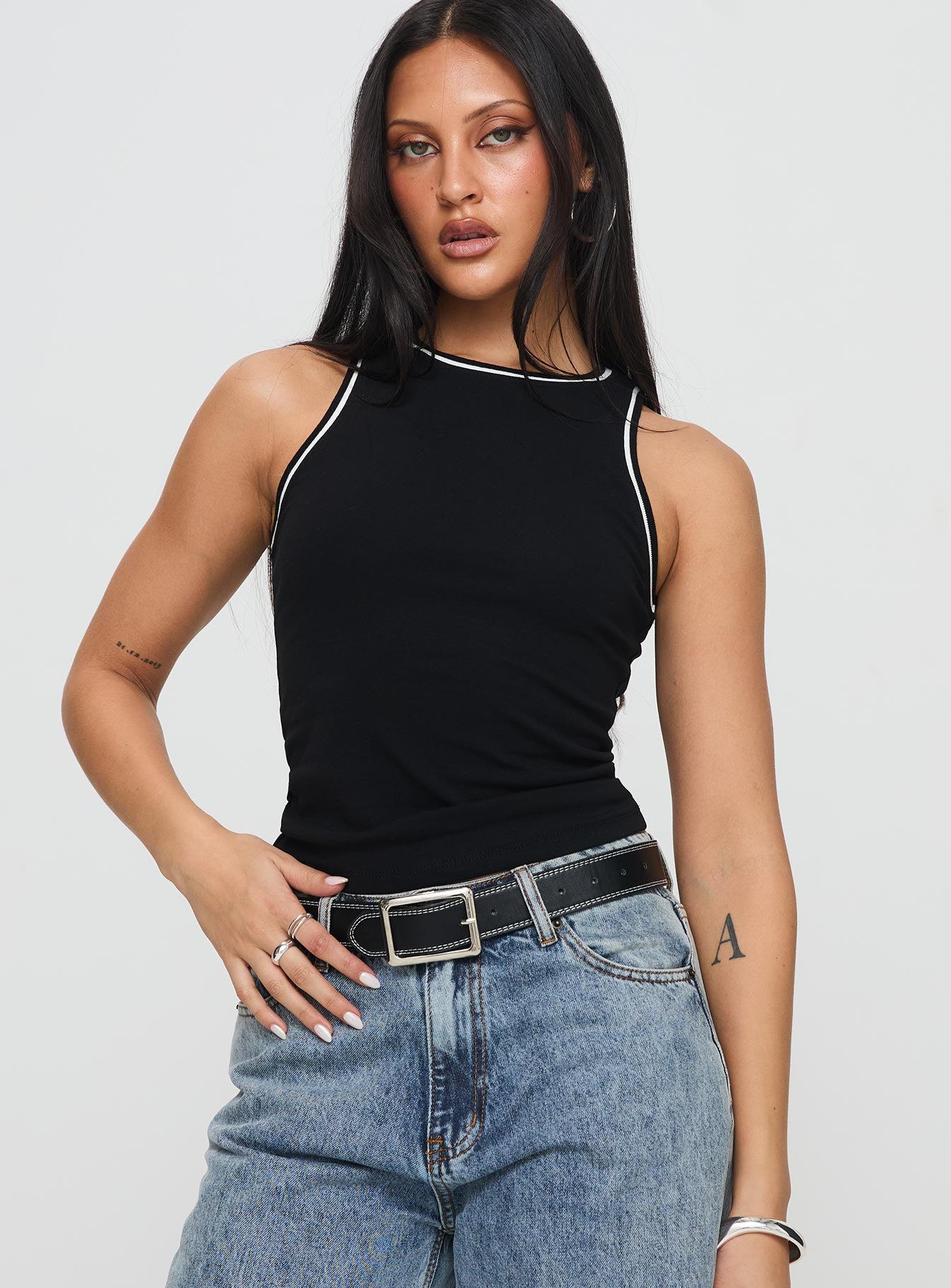 front view of model wearing Princess Polly Dazzling Tank Top Black Sleeveless Crew Neck 