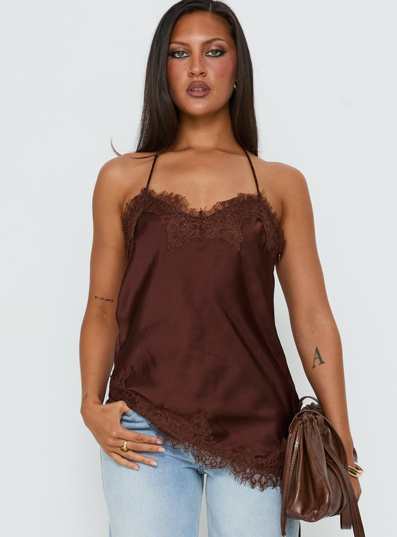 Cosetta Lace Trim Asysmmetrical Cami Top Chocolate | Princess Polly