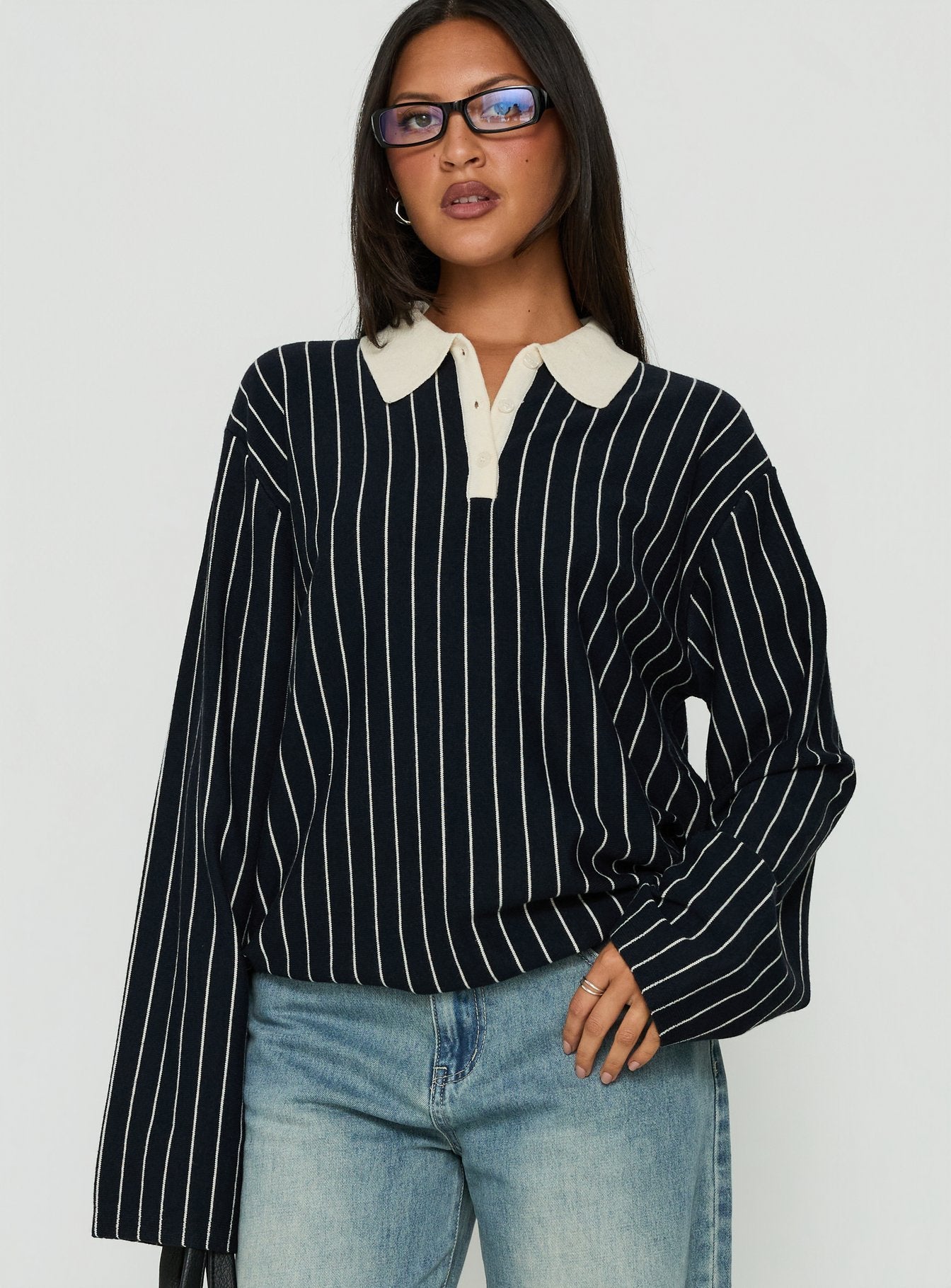 Boarders V Neck Polo Jumper Navy Stripe
