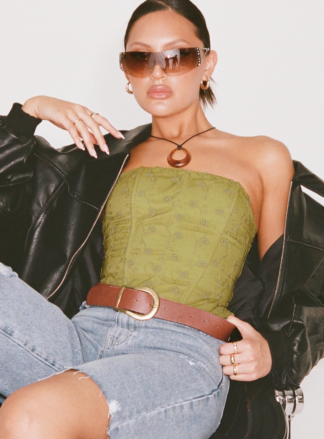 product Princess Polly Full Sleeves Square Neck  Field Daisies Corset Green