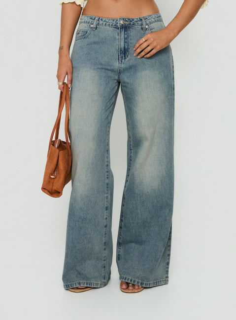Karlos Low Rise Cinched Baggy Jeans Vintage Mid Blue Wash
