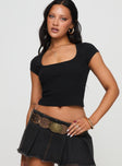 front view of model wearing Princess Polly Baseline Square Neck Rib Top Black Short Sleeves Square Neck 