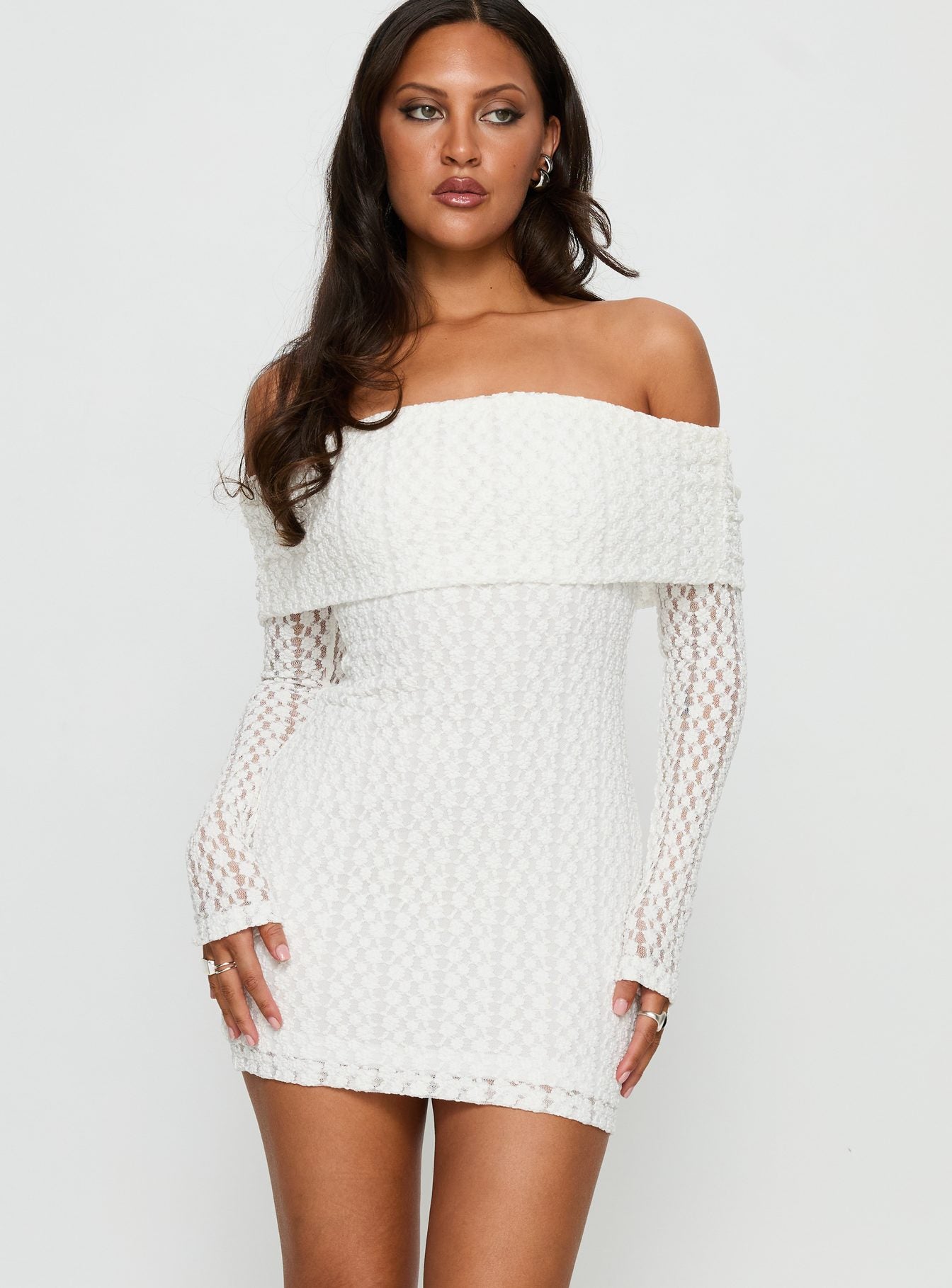 Leora Off Shoulder Long Sleeve Mini Dress White | Princess Polly Leora Off Shoulder Long Sleeve Mini Dress White | Princess Polly