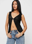 Sheer lace vest top Longline style, plunge neckline, single button fastening at front Good stretch, unlined
