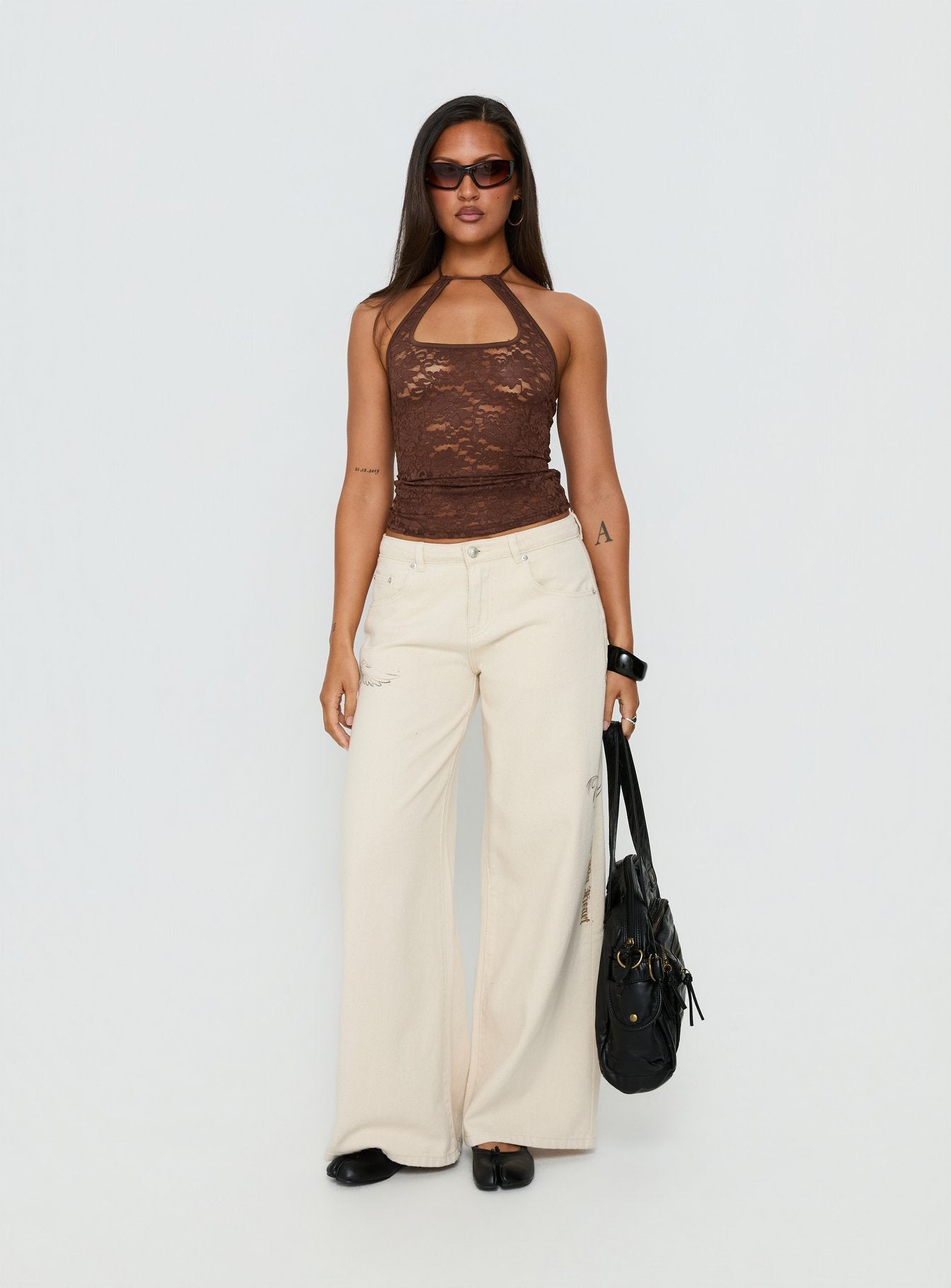 Janais Lace Tie Neck Top Chocolate | Princess Polly