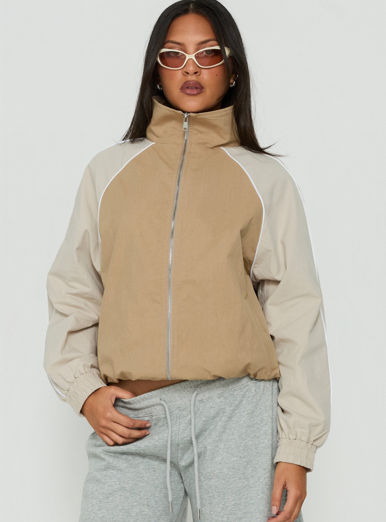 Mistro Funnel Neck Windbreaker Jacket Beige