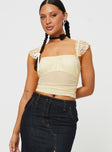 Mesh crop top Cap sleeve, sweetheart neckline, ruched bust Good stretch, lined bust