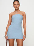 front view of model wearing Princess Polly Cloud Strapless Boucle Mini Dress Light Blue Straight Neck 