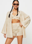 Three-piece matching set Relaxed fit, check print Long sleeve shirt, classic collar, button fastening at front Crop top, adjustable shoulder straps, v-neckline, elasticated band at bust Shorts, elasticated waistband, twin hip pockets