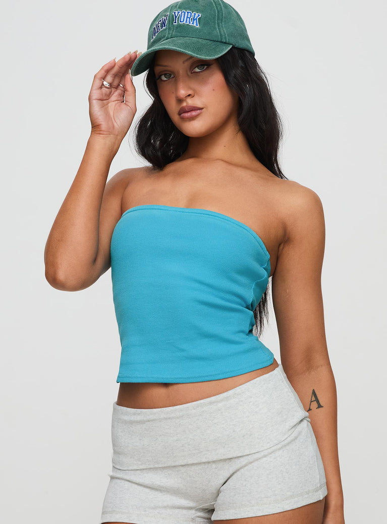 front view of model wearing Princess Polly Baseline Strapless Rib Top Blue Sleeveless straight 