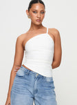 front view of model wearing Princess Polly Elowyn Top White Sleeveless Asymmetric Neckline 