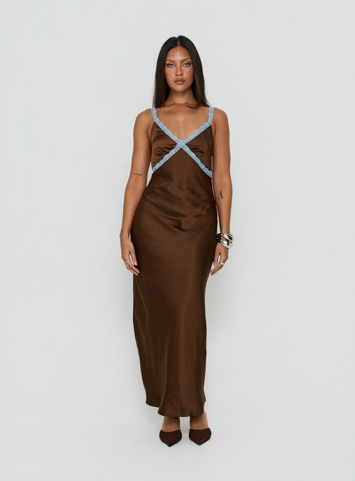 brown and turquoise dress Azazie Floor-Length Maxi Dresses A-Line Wedding Guest Semi-Formal Dresses Sweetheart Teal Multi mocca ABs. Carletta Lace Contrast Maxi Dress