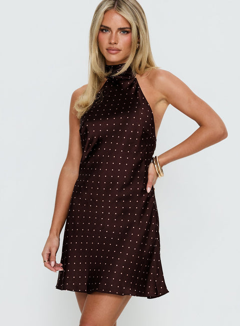 Primevere Halter Mini Dress | Burgundy Polka Dot | Womens | Princess Polly Primevere Halter Mini Dress | Burgundy Polka Dot | Womens | Princess Polly