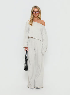 front view of model wearing Princess Polly Peaks Flared Track Pants Snow Marle Mid Rise Pants 