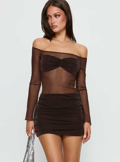 Briseida Mesh Long Sleeve Mini Dress Chocolate | Princess Polly Briseida Mesh Long Sleeve Mini Dress Chocolate | Princess Polly