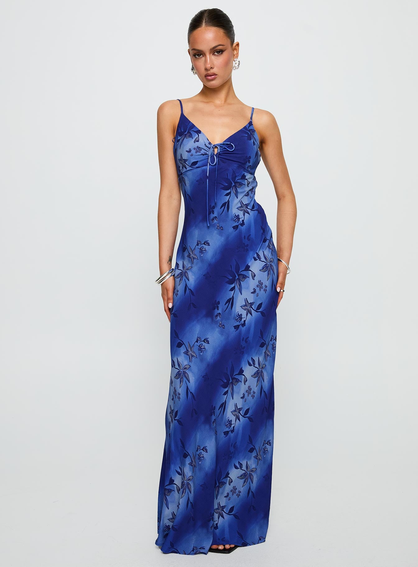 side view of model wearing Princess Polly Lauraline Maxi Dress Blue V-Neck 