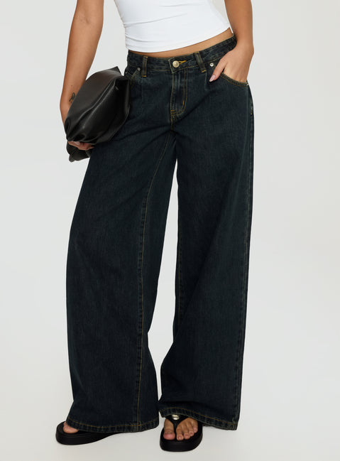 front view of model wearing Princess Polly Supercut Low Rise Baggy Pleat Jeans Grunge Wash Low Rise Jeans 