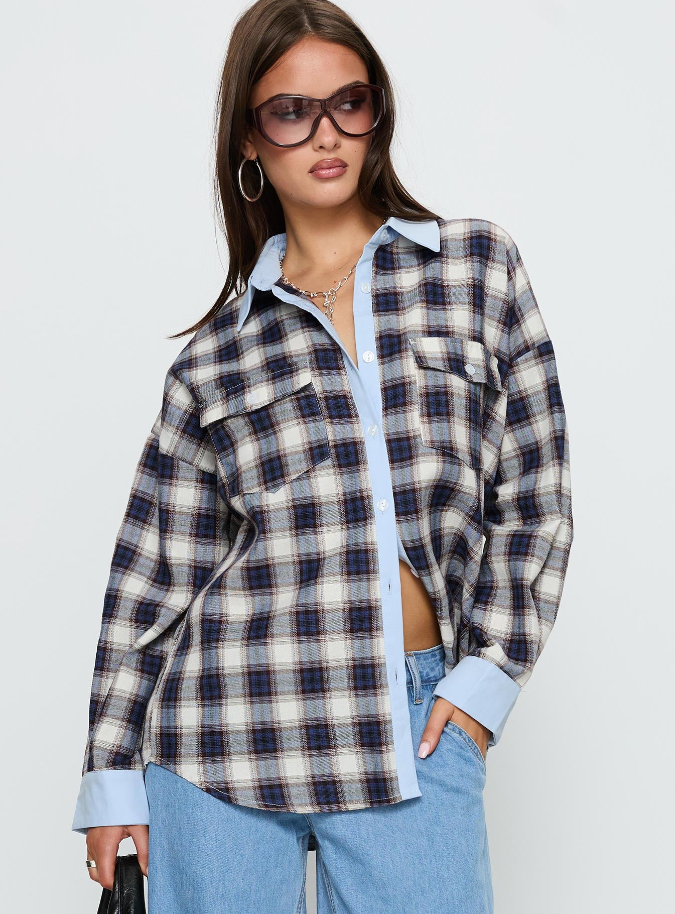 Walda Contrast Flannel Shirt | Blue Check | Womens | Princess Polly Walda Contrast Flannel Shirt | Blue Check | Womens | Princess Polly