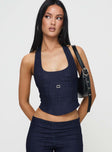 front view of model wearing Princess Polly Nasya Halter Top Indigo Sleeveless Scoop Neck 