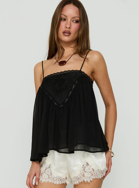 Evaina Lace Trim Flowy Top Black